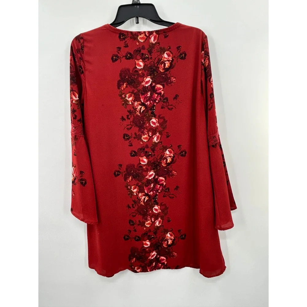 Altar'd State Floral Boho Mini Dress Lace Up Bell Sleeve Romantic M - Picture 3 of 6